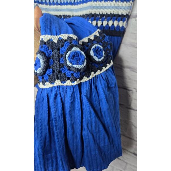 Zara Maxi Dress Contrast Blue Crochet Knit Top Ruffle Hem Sz M boho summer beach - Picture 6 of 8